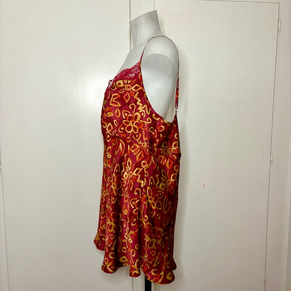Vintage Y2K Cacique Red Gold Boho Floral Mini Slip Dress Lace Trim - Picture 3 of 5